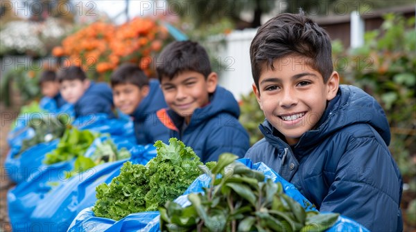 Group of children engaged in gardening, filling blue bags with fresh leafy greens, agricultural and food education concept, AI generated