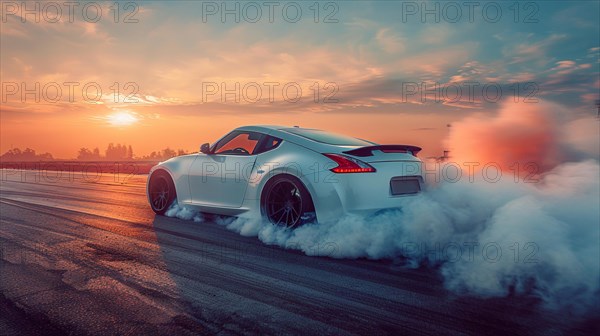 Performance japanese sports car doing a burnout at sunrise with smoke enveloping the tires, AI generated
