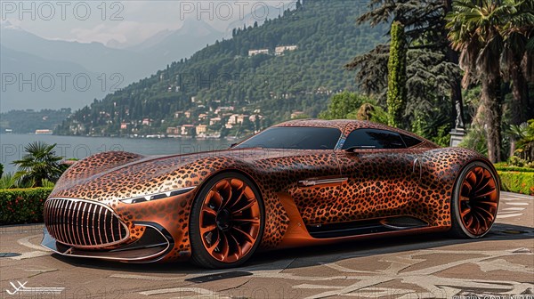 Copper-toned luxury car parked by a serene lake with palm trees and hillside homes in the distance, AI generated
