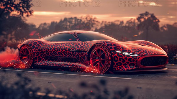 Red A hydrogen internal combustion engine vehicle concept car with leopard pattern and fiery glow driving at speed, AI generated