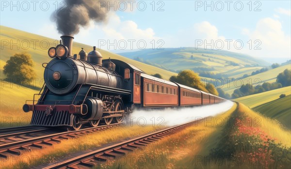 Vintage steam engine train chugging through a pastoral countryside landscape, ai generated, AI generated