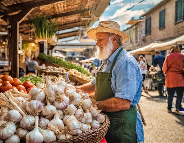 Food, spices, garlic, Allium sativum, many bulbs on a market stall in Italy, old man as seller, AI generated, AI generated