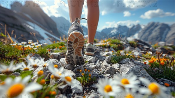 Walking on a wildflower-lined mountain trail with hiking boots in view and a blue sky, AI generated