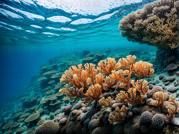 Coral reef juxtaposing patches of bleached coral with vivid marine life, AI generated