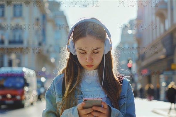 Schoolgirl with headphones looking at her smartphone on a busy street in a city, symbolic image for accident risk due to media distraction in road traffic, AI generated, AI generated, AI generated