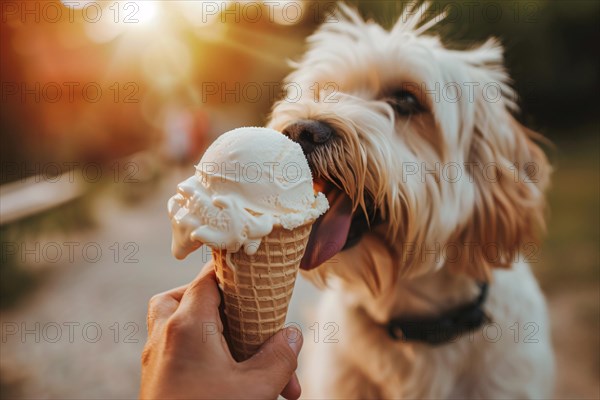 Small dog being fed ice cream in cone. KI generiert, generiert, AI generated