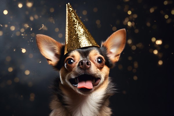 Happy Chihuahua dog with golden birthda yor new year party hat. KI generiert, generiert, AI generated