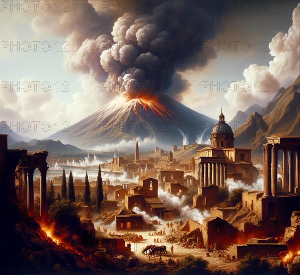 Pompeii during the eruption of the volcano Vesuvius in 79 AD, lava pours into the ancient city, AI generated, AI generated