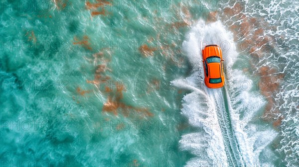 Top-down view of an orange car driving through ocean waves, creating white foam, action sports photography, AI generated