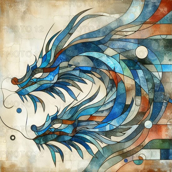 Dynamic abstract geometric mosaic of a dragon in cool blue tones, square aspect, teal orange grunge palette, AI generated