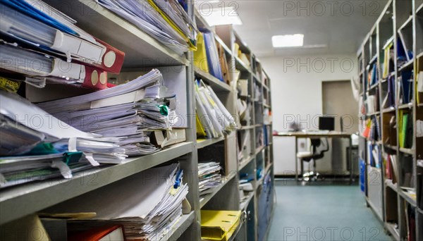 A cluttered workplace with lots of files and papers on the shelves, bureaucracy symbol, AI generated, AI generated
