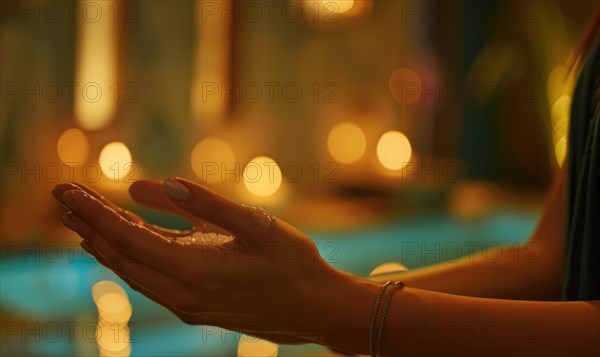 Hand with water droplets against a backdrop of tealight candles, mirroring a tranquil feeling AI generated