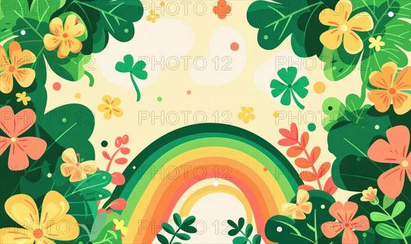 Cheerful nature-themed illustration with a rainbow surrounded by vibrant green leaves and yellow flowers AI generated