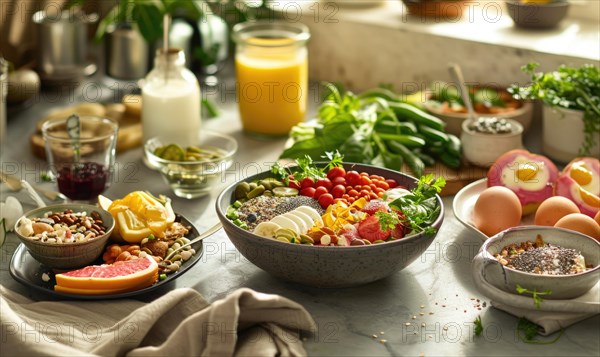 A spread of balanced breakfast items including eggs, vegetables, and juice AI generated