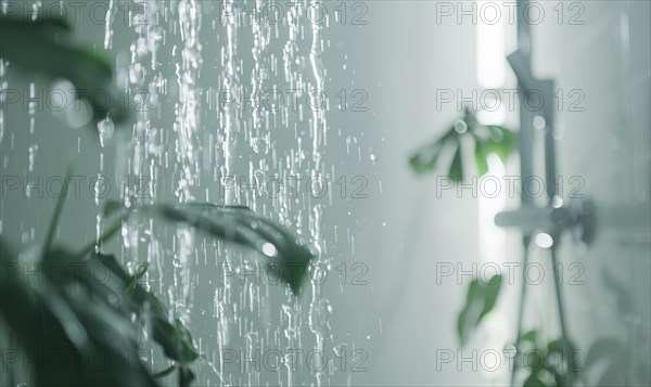 Close-up of a serene shower setting with water streams and plant life AI generated