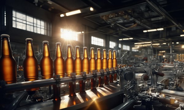 Beer production at the factory, conveyor belt with bottles of beer, AI generated