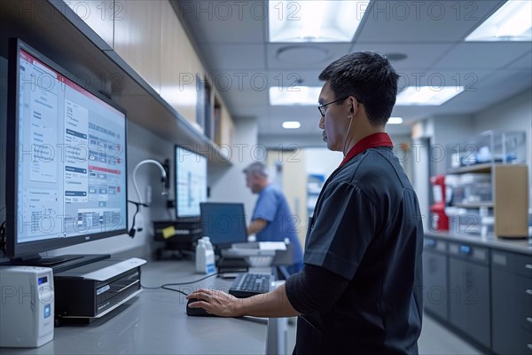Male medical professional working at a computer station with multiple monitors in a clinical setting, AI generated