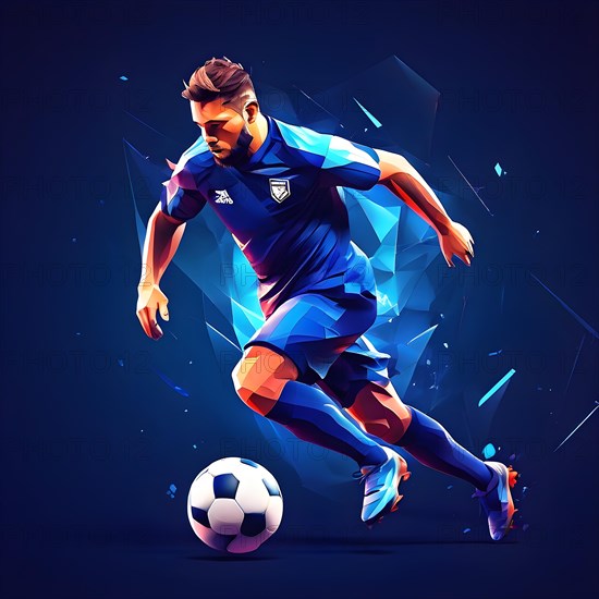 Abstract digital render of a male soccer athlete morphing into fluid shapes, AI generated