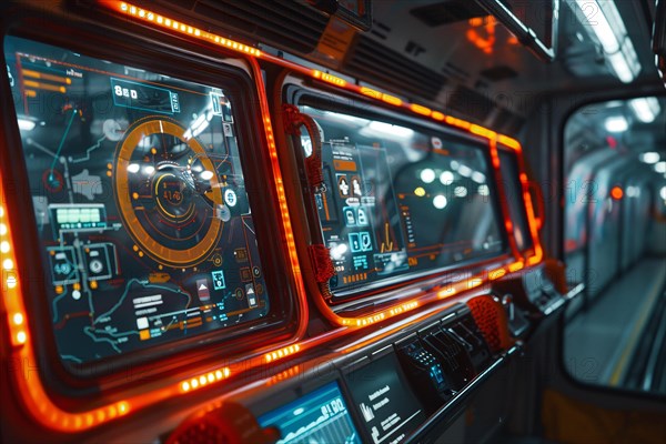 Futuristic spaceship control panel with holographic interfaces and red lighting, AI generated