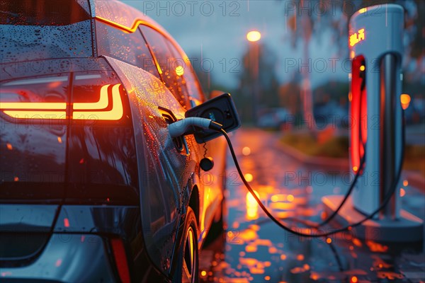 Blue electric car charging at a station on a rainy evening, reflecting environmental consciousness, AI generated