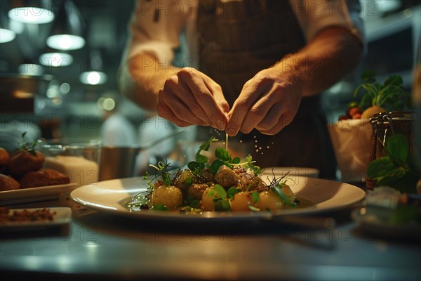 Chef carefully garnishing a dish with fresh herbs in the kitchen, AI generated