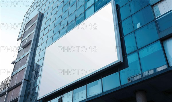 Blank screen banner mockup displayed on the modern building facade. Close Up view AI generated