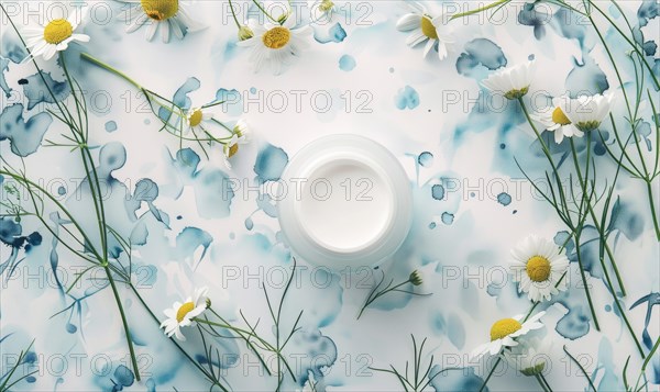 Cosmetic jar blank mockup placed on a serene watercolor chamomile background AI generated