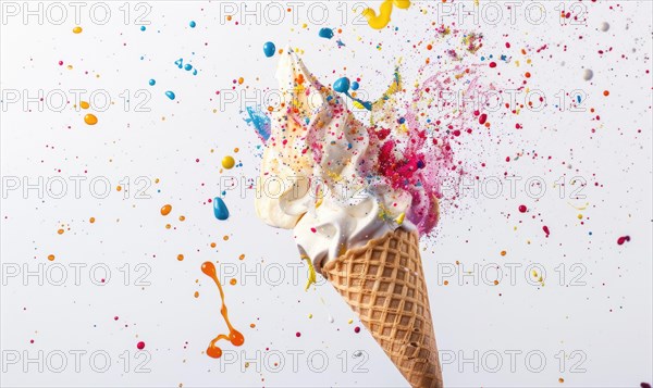 Ice cream cone explosion on white background AI generated