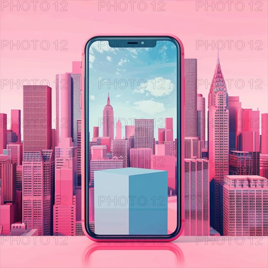 Smartphone mockup with a blank screen on a vibrant cityscape background AI generated