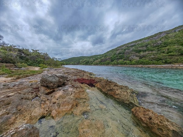 Rocky coast, long bay by the sea at sunset. Dangerous view of the Caribbean Sea. Tropical climate on a cloudy day in La Porte d'Enfer, Grande Terre, Guadeloupe, French Antilles, North America