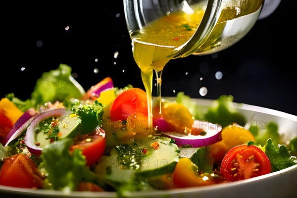 Zesty salad dressing cascading onto a vibrant vegetable medley, AI generated