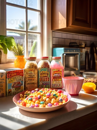 90s vintage style kitchen saturated with bright sunlight vintage cereal boxes arrayed on counter, AI generated