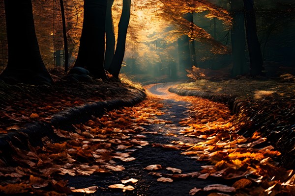 Fallen leaves blanketing a serpentine path as it meanders into an enigmatic forest, AI generated