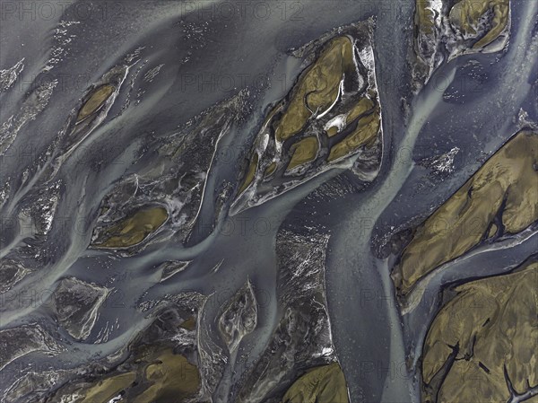 Overgrown river landscape, Eldhraun, near Kirkjubaejarklaustur, drone image, Sudurland, Iceland, Europe