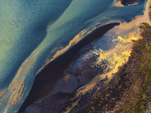 Overgrown mineralised river landscape, drone image, Landeyjasandur, Sudurland, Iceland, Europe