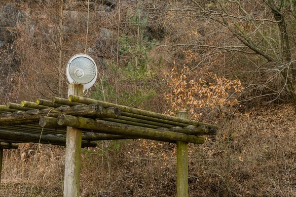 Halogen lamp in front of satellite TV dish on top of log structure in wooded mountainside park in South Korea