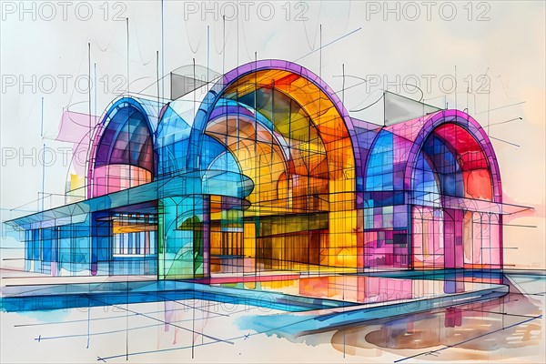 Watercolor artwork of a colorful, modern building with an arched design and reflections, AI generated