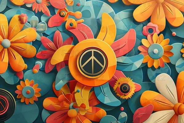 Illustration of a vibrant 3D peace symbol surrounded by colorful spring flowers, illustration, AI generated