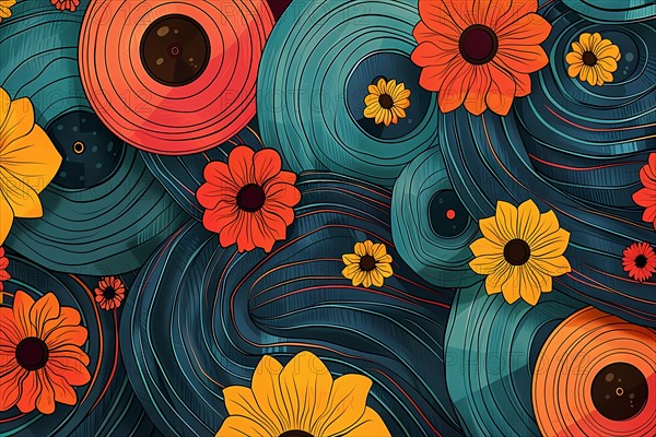 Artistic composition of swirling patterns and vinyl records with floral motifs, illustration, AI generated