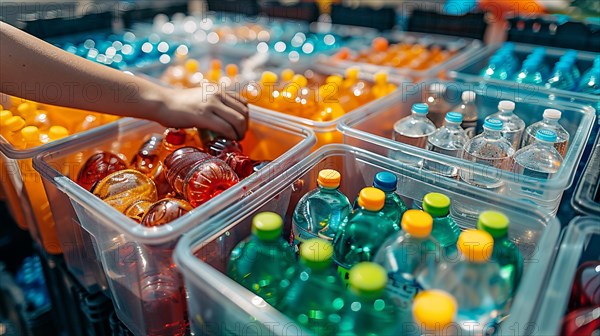 Various colorful plastic bottles sorted in bins at a market for selection or recycling, AI generated