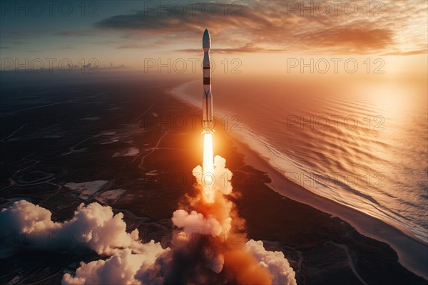 Aerial view of a rocket launch at sunrise sunset over an ocean coast. The rocket is blasting off with a trail of smoke and flames behind it, AI generated