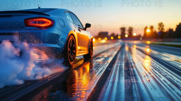 Blue muscle car with smoking tires on a drag race strip at dawn, low ultra wide angle, AI generated