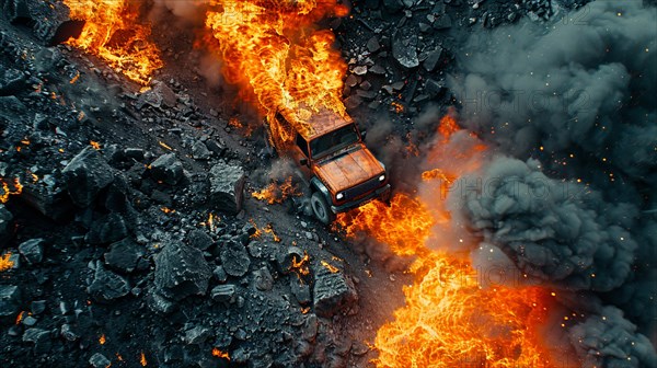 An SUV escaping a dangerous volcanic terrain engulfed in flames and smoke, AI generated