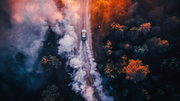 White sports car speeding on a misty forest road from an aerial perspective, AI generated