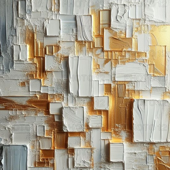 Metallic textured abstract painting with gold, silver, and white strokes, AI generated