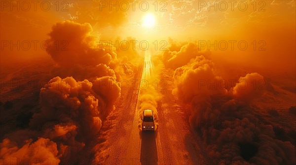 Car driving through a massive dust cloud on a desert road at sunset, AI generated