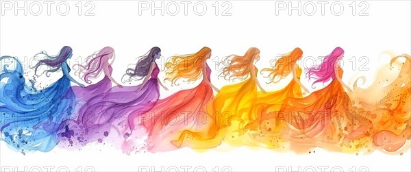 Abstract watercolor image with seven silhouettes of women with flowing dresses in a rainbow of colors, banner 3:1 wide style, horizontal aspect ratio, AI generated