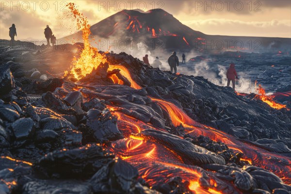 Tourists, hiking group, expedition, onlookers on the way to an active volcano, surrounded by hot, partially cooled lava flows, symbolic image for volcano tourism, disaster tourism, travel trends and the associated dangers, AI generated, AI generated, AI generated