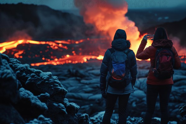 Tourists, onlookers photograph a spectacular volcanic landscape with liquid, partially cooled lava flows with their smartphones, symbolic image for volcano tourism, disaster tourism, travel trends and the associated dangers, AI generated, AI generated, AI generated