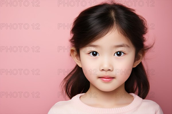 Portrait of young Asian girl child in front of pink studio background. KI generiert, generiert, AI generated